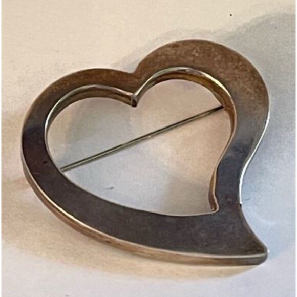 Mexico 925 Sterling Silver Large Open Heart Shaped Brooch Pin Modern Signed Vtg - Picture 1 of 3